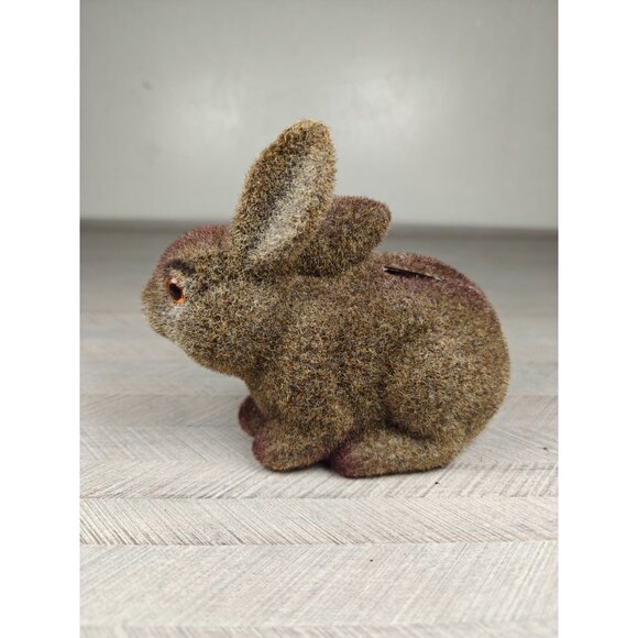 Vintage Flocked Rabbit Coin Bank Brown Textured Finish 6" MCM Retro Desk Decor - Picture 4 of 7